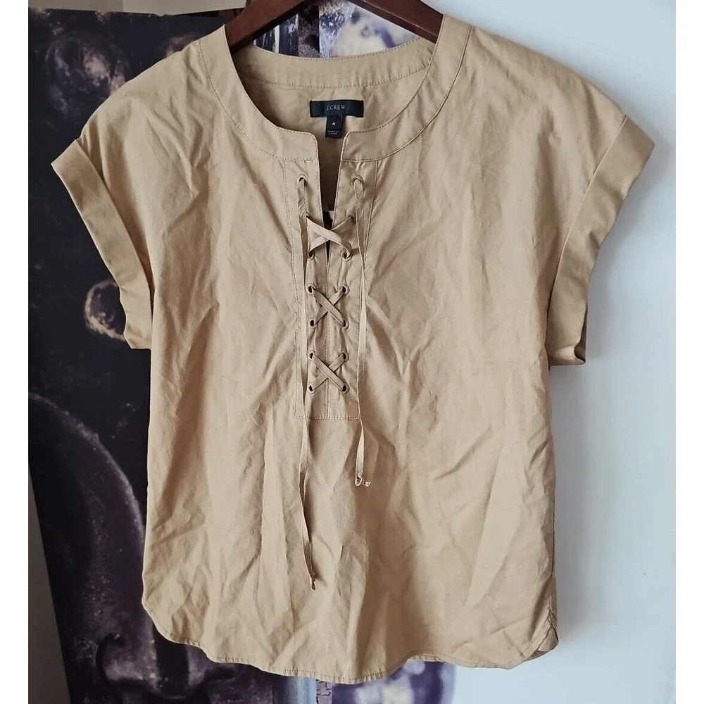 J CREW Women's Cuffed Short Cap‎ Sleeve Tan Lace Up Neck Blouse Size 4